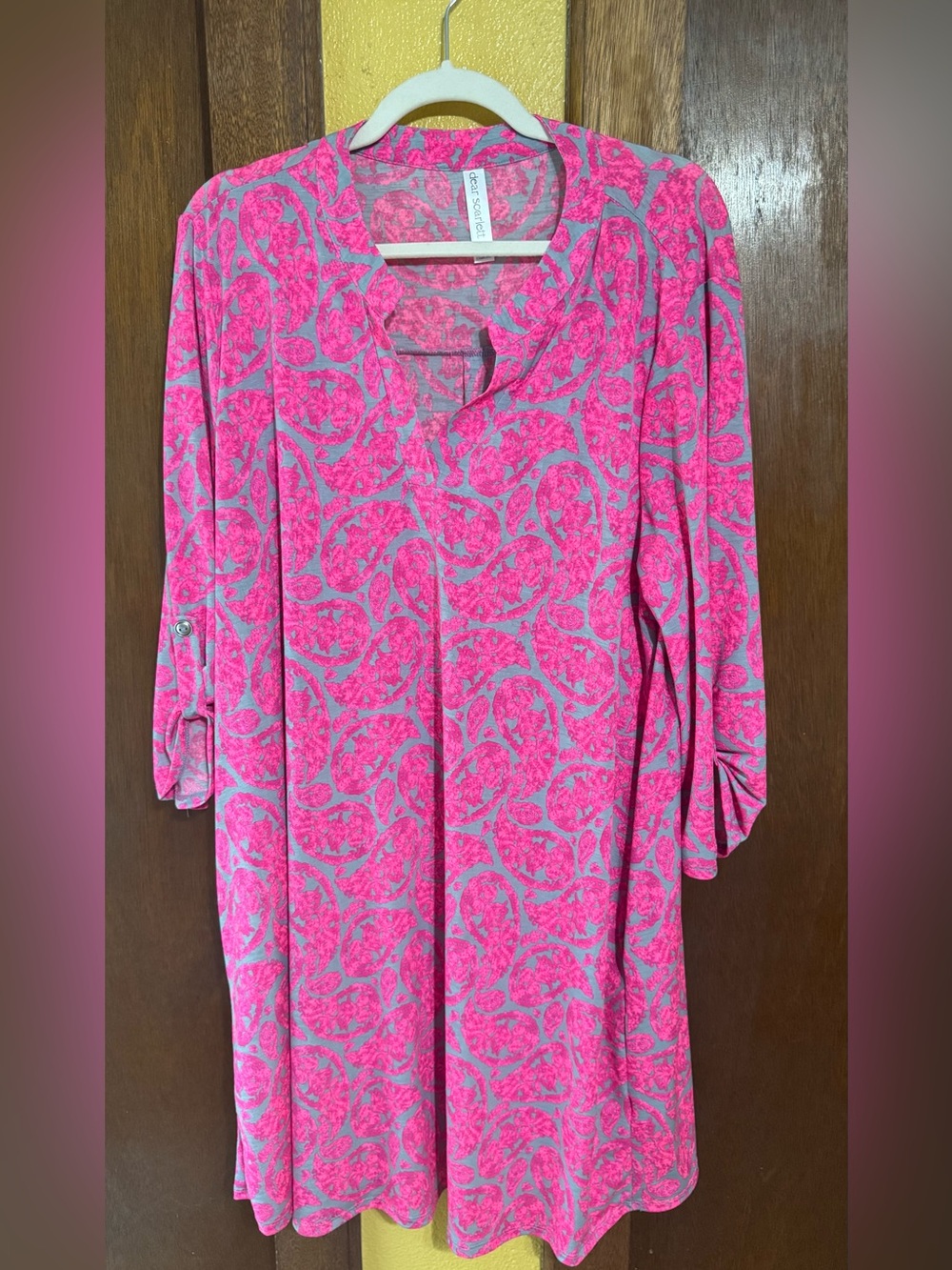 Dear Scarlett Hot Pink Paisley V-Neck Roll-Sleeve Lizzy Dress